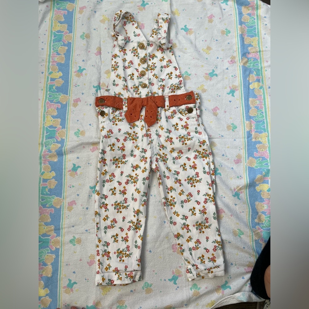 Charming Kids Floral Overalls with Brown Belt